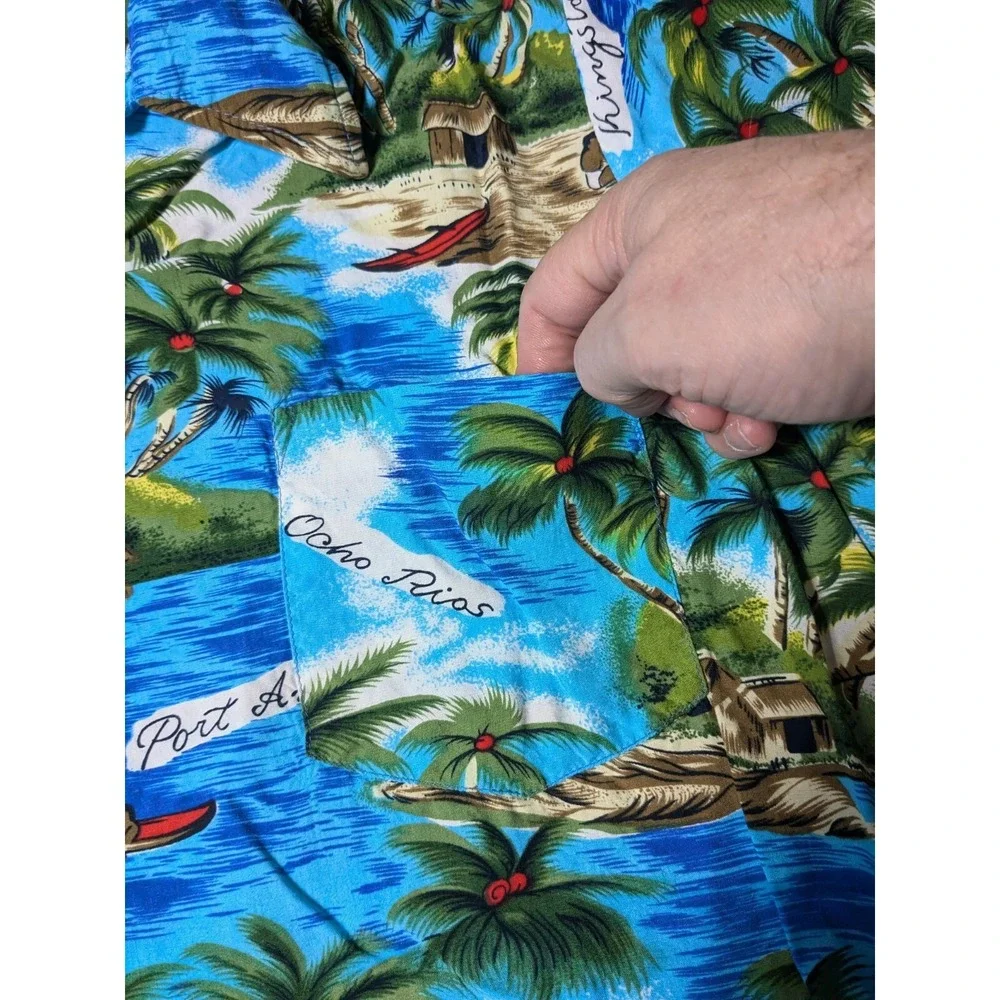 VTG NATIONAL SPORT SHIRTS MANHATTAN Men Large Blue‎ Tropical Jamaican Camp Shirt